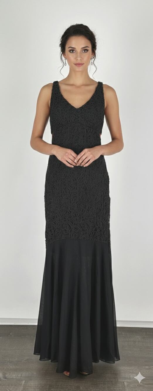 Marina Womens Lace V Neck Maxi Formal Dress Size 16 Black New Cut Out Back